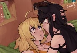 ahoge animal_ears black_hair blake_belladonna blonde blonde_hair boxman cat_ears catgirl cheating cheating_female cheating_girlfriend cleavage eyelashes faunus forced_cheating hand_on_another's_head hand_on_head imminent_cheating implied_kiss light-skinned_female light_skin looking_at_another looking_at_partner looking_back nervous ntr on_bed pale-skinned_female pale_skin purple_eyes rwby saliva_string saliva_trail shocked tagme unhappy unhappy_female upset wide_eyed worried worried_expression yang_xiao_long