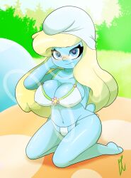 anthro big_breasts bikini breasts clothing cranebear female female/female hi_res smurfette solo swimwear the_smurfs