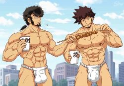 2015 2boys abs bara beard black_eyes black_hair blush brown_eyes brown_hair dark_nipples darker_than_black dimension_w duo food gay holding_object light-skinned_male looking_at_another mabuchi_kyouma manboobs muscle muscles nude nude_male shizume_genma sho smile spiky_hair underwear yaoi