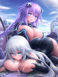 !! 4girls aqua_eyes ass big_ass big_breasts black_hair black_heart blue_eyes blush bodysuit breasts busty cleavage female female_only giantess goddess hi_res huge_breasts long_hair low_twin_braids lying multiple_girls nepgear neptune_(neptunia) neptunia_(series) noire on_stomach open_mouth power_symbol power_symbol-shaped_pupils purple_hair purple_heart_(neptunia) sitting smile surprised twin_braids twintails uni_(neptunia) voluptuous white_hair