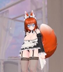 accidental_exposure big_breasts blue_eyes fox_ears fox_girl fox_tail glasses glubbable looking_at_viewer maid_headdress maid_outfit maid_uniform orange_hair tagme thighhighs virtual_youtuber vrchat vrchat_avatar vtuber