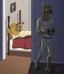 anthro bed bedroom birbdrain blue_eyes brown_body brown_fur bulge camelid cel_shading clothing cuff_(restraint) detailed_bulge digital_drawing_(artwork) digital_media_(artwork) duo eating eating_food food fur furniture gloves_(marking) green_eyes handcuffed handcuffs hi_res hooves jockstrap jockstrap_only llama male mammal markings metal_cuffs neck_tuft restrained restrained_arms restraints sandwich_(food) shaded tuft underwear