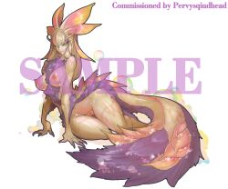 2018 anthro blonde_hair blush body_blush breasts capcom claws distracting_watermark erect_nipples female fluffy fluffy_tail genitals green_eyes hair hi_res humanoid leviathan_(mh) mizutsune monster_hunter monster_hunter_generations muhut neck_tuft nipples nude pussy pussy_blush scales simple_background solo tuft video_games watermark white_background wide_hips yellow_body