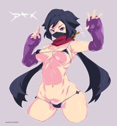 adapted_costume armpits ass_visible_through_thighs ayame_(gundam_build_divers) bangs bikini black_bikini black_hair blush breasts breasts_apart cameltoe character_name collarbone covered_mouth cowboy_shot cropped_legs dated elbow_gloves female fighting_stance fingerless_gloves fingernails fujisawa_aya gloves grey_background groin groin_tendon gundam gundam_build_divers hair_ornament hands_up highres hip_focus kuji-in large_breasts long_fingernails long_hair looking_at_viewer low_ponytail lowleg lowleg_bikini mask micro_bikini mouth_mask mudou_eichi navel ninja ninja_mask outline ponytail purple_eyes purple_gloves red_scarf scarf serious shiny shiny_hair shiny_skin shuriken simple_background skindentation solo split_ponytail standing strap_gap string_bikini swept_bangs swimsuit thighs toned twitter_username underboob v-shaped_eyebrows very_long_hair weapon white_outline wide_hips