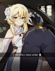 1boy 1girls ass_focus blonde_hair car flower_in_hair fully_clothed genshin_impact hair_flower he_wants_to_order koahri looking_at_viewer lumine_(genshin_impact) male meme text yellow_eyes zhongli_(genshin_impact)