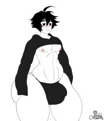 1boy ass balls big_ass big_balls big_butt black_hair bulge bulge_through_clothing doomer_boy femboy girly male male_focus male_only nipples panties penis penis_under_clothes solo_male sweetscentedcrescent thick_thighs thighs wojak_comics