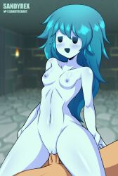 1boy 1girls areolae artist_name artist_signature background blue_eyes blue_hair blue_skin blush breasts eyes_half_open genitals ghost ghost_girl long_hair mob_face nipples nude open_mouth penis pussy sandyrex small_breasts smile smiling spooky's_house_of_jump_scares spooky_(shojs) vagina vaginal_penetration vaginal_sex