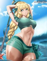 1girls alternate_costume alternate_version_available aramyx bare_thighs bikini blonde_female blonde_hair braid braided_ponytail breasts female female_only fire_emblem fire_emblem:_three_houses fire_emblem_heroes glistening glistening_body green_bikini green_eyes green_swimsuit ingrid_brandl_galatea ingrid_brandl_galatea_(summer) looking_away medium_breasts nintendo official_alternate_costume pre-timeskip skintight skintight_clothing solo spear swimsuit thick_thighs thighs weapon wet wet_body wet_clothes wet_skin wide_hips