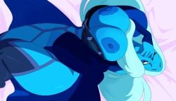 1girls areolae big_breasts blue_body blue_diamond_(steven_universe) blue_skin breasts breasts_bigger_than_head breasts_out breasts_out_of_clothes breasts_outside clothing coolerinker curvaceous curvy diamond_authority female female_only gem_(species) gown hand_between_legs hand_covering_face hand_over_own_mouth hi_res highres huge_breasts inker_comics inkershike large_areolae large_breasts laying_down laying_on_back laying_on_bed lingerie long_hair long_sleeves looking_away nipples solo solo_female steven_universe stockings thick_thighs thighs wide_hips