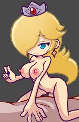 accurate_art_style blonde_hair blue_eyes breast_squeeze breasts cowgirl_position crown earrings female female_focus furii_(artist) girl_on_top hair_over_one_eye mario_(series) nintendo nipples nude nude_female princess_rosalina puyo_puyo_artstyle sex solo_focus straddling style_parody super_mario_bros. super_mario_galaxy uncensored unseen_male_face vaginal_penetration