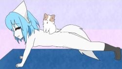 all_fours animal_ears blue_hair edit furry mochi_(wolfychu) naked_yoga stretching virtual_youtuber white_fur wolf_ears wolf_girl wolf_tail wolfychu yoga_mat youtube youtuber