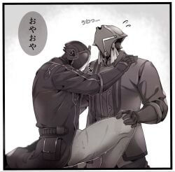 2boys bondrewd bottomless gay gueira helmet imminent_sex japanese_text legs_held_open looking_at_penis looking_down made_in_abyss male male_only mask masked masked_male monochrome pants_down scars sitting solo speech_bubble spes_2323 spread_legs sweat sweatdrop yaoi