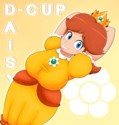 1girls arms_behind_head big_breasts blue_eyes breasts brown_hair busty dress female female_only grin highres large_breasts lipstick looking_at_viewer makeup mario_(series) nintendo png pose princess princess_daisy princess_dress sensual short_hair smile solo text touhoufan voluptuous