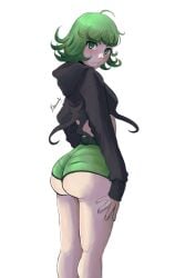 1girls 2d ass bawdy breasts eye_contact female_focus green_eyes green_hair looking_at_viewer minishorts one-punch_man short_hair shorts small_breasts smaller_female solo tatsumaki thighs