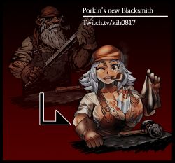 apron big_breasts blacksmith darkest_dungeon grey_hair heart_tattoo kih0817 mod porkin scar smoking smoking_pipe sweaty winking