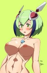 2016 android android_girl blush breasts breasts_outside dimension_w female female female_focus female_only green_eyes green_hair looking_at_breasts looking_down muscular_female purple_hair robot robot_girl small_areola waist_up yurizaki_mira