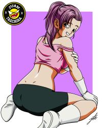 artist_request ass ass_visible_through_thighs bedroom_eyes blue_eyes boots bra_(dragon_ball) bra_briefs dragon_ball dragon_ball_multiverse dragon_ball_z female_saiyan gauntlets gym_shorts hybrid juantrechiha looking_back pervert ponytail purple_hair saiyan saiyan_girl shirt solo_female son_bra strap_slip teenager w_sitting