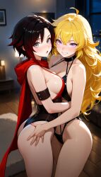 ai_generated female/female female_only hands_on_hips hugging hugging_another liarty revealing_clothes ruby_rose rwby yang_xiao_long