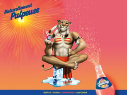 1boy 4:3 advertisement anthro feline ffl_paris furry ice_cube lion loincloth male male_only mountain_lion necklace orangina poster puma solo straw text tribal underwear wallpaper