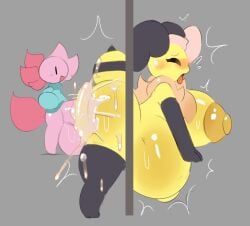 1girl 1girls annabee_(fanarts) anthro axii_(sleepysous) axolotl bee bee_girl belly_bulge bigger_female cum cum_inside cumflation female hyper inflation sleepysous small_dom_big_sub smaller_male stuck_in_wall woebeeme_(fanarts)