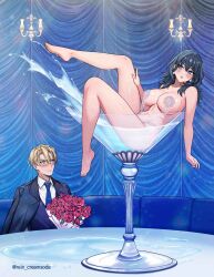 1boy 1girls bare_legs bare_thighs barefoot big_breasts blue_background blush blushing blushing_at_another breasts byleth_(fire_emblem)_(female) candelabra candles cleavage curtain dimitri_alexandre_blaiddyd earrings female female/male female_focus fire_emblem fire_emblem:_three_houses hand_on_leg hand_on_thigh huge_breasts human human_only in_water large_breasts leg_focus leg_up legs lingerie lingerie_only looking_at_partner lying_back male male/female mostly_nude mostly_nude_female nintendo partially_submerged pose posing posing_for_partner reclining reclining_pose rein_creamsoda roses seducing seducing_partner seductive seductive_pose splashing water wine_glass