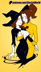 1girls 2025 2girls ai_generated artist_name average_breasts blue_eyes breasts bust chest electroworld english_text exposed_nipples female gradient gradient_background halloween hat hi_res high_quality high_resolution highres kitty_pryde marvel marvel_comics medium_breasts multiple_girls nipples nipples_outside normal_breasts patreon patreon_username stable_diffusion torn_clothes watermark witch_hat yellow_background
