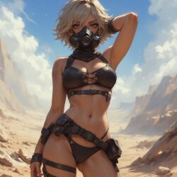 1girls ai_generated anime armpits bikini blonde_hair desert female_only gas_mask leather mad_max masked original original_character post_apocalyptic sexy_pose short_hair