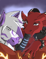 ball_fondling ball_licking balls collar diamond_(kadath) dragon female kadath kadath_universe male necrodrone necrodrone_(character) oral penis scalie straight threesome