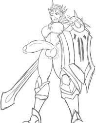 1futa armor balls big_breasts big_penis breasts clothed clothing crotchless crown erection futa_only futanari league_of_legends leona_(league_of_legends) line_art lost_clothes monochrome mostly_clothed no_color penis penis_out ripped_clothing ripped_pants semi-erect shield smile smiling smirk solo standing sword torn_clothes valmut