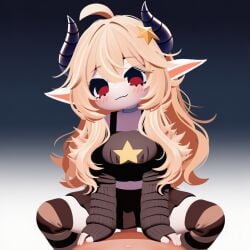 ahoge ai_generated anal bangs bare_shoulders blonde_hair blush borrowed_character breasts erection female hair_between_eyes hair_ornament horns long_hair looking_at_viewer penis pointy_ears red_eyes ribbed_sweater roblox simple_background solo_focus star_(symbol) star_hair_ornament straight sunny_(legacy) uncensored white_background