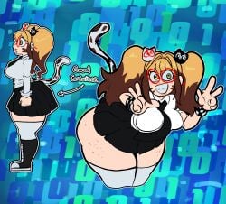 1girls 2025 5_fingers adorasexy alternate_version_available ass big_ass big_breasts black_skirt blonde_hair braces cat_girl catgirl clothed clothed_female comedy cute double_peace_sign evil_container fat_ass female funny glasses green_eyes humor lemonadepikachu light-skinned_female light_skin looking_at_viewer meme miniskirt nerd nerdy_female original original_character peace_sign red_glasses shelly_(lemonadepikachu) side_view skirt tail thick_thighs twintails two-tone_hair uniform