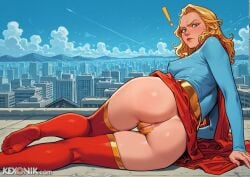 ! 1girls ai_generated angry ass back_view backboob blonde_hair blue_eyes c: cityscape cleft_of_venus clothes_lift clouds covered_nipples day dc dc_comics excessive_pubic_hair feet female from_below frown hairy_pussy kexonik logo looking_at_viewer lying_on_side medium_breasts mini_skirt puffy_areolae puffy_nipples red_cape red_skirt red_thighhighs rooftop sagging_breasts skirt_lift soles solo supergirl superman_(series) thigh_gap toes