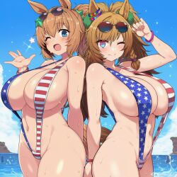 2girls ai_generated american_flag_bikini animal_ears big_breasts blast_onepiece_(umamusume) blue_eyes curly_hair female fluffy_hair hair_accessory horse_girl light_brown_hair long_hair pale_blue_eyes ponytail side_braid taiki_shuttle_(umamusume) twintails umamusume umamusume_pretty_derby v_string_bikini