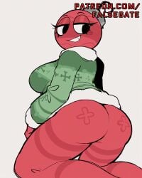 absurd_res ai_generated ass black_eyes bobette_(dandy's_world) bottomless christmas_outfit chubby chubby_female colored_skin dandy's_world dandys_world falsegate female from_behind green_sweater highres kneeling large_ass large_breasts object_head on_knees ornament patreon patreon_username red_skin roblox self_upload smile stable_diffusion sweater thick_thighs