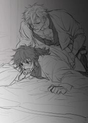 blush clothed_sex gripping_sheets hand_over_mouth kimetsu_no_yaiba male/male quiet_sex sanegiyuu sanemi_shinazugawa thrusting_into_ass tomioka_giyuu