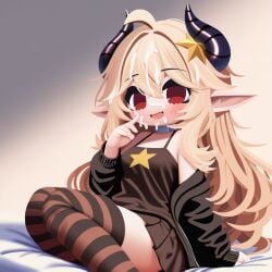 1girls ahoge ai_generated bangs bare_shoulders blonde_hair blush borrowed_character breasts cumshot cumshot_on_face female hair_between_eyes hair_ornament horns long_hair looking_at_viewer pointy_ears red_eyes ribbed_sweater roblox simple_background solo_focus star_(symbol) star_hair_ornament straight sunny_(legacy) uncensored white_background