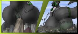 ace_the_protogen anthro anus ass big_butt bodily_fluids building butt_crush city clothing cloud crush digital_media_(artwork) english_text fart fart_cloud fart_fetish feces fur hair machine macro male mammal nude outside protogen protogen_visor scat scatplay size_difference sky smile solo sound_effects sparktra12 tail text