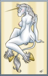 ass blush breasts closed_eyes equine female furry hair hi_res hooves horns long_hair masturbation mizziness nipples nude sideboob solo unicorn white_fur white_hair