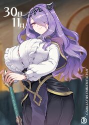 1girls bangs black_bra black_skirt bra bra_peek breasts button_gap buttons camilla_(fire_emblem) capelet cleavage crown female female_only fire_emblem fire_emblem_fates frills hair_over_one_eye holding_object holding_weapon horns horns_hairband huge_breasts large_breasts light-skinned_female light_skin long_hair long_sleeves looking_at_viewer nintendo purple_eyes purple_hair revolverwingstudios smile smiling_at_viewer solo wavy_hair white_blouse