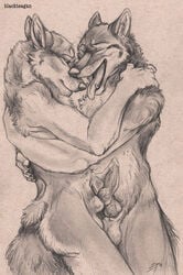 anthro balls blackteagan canine canine_penis closed_eyes cuddle cum eyes frottage fur furry furry_only gay hug knot male messy monochrome no_humans nude penis sex sketch wolf