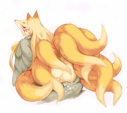 anthro ass blush canine cum cum_inside fox fur furry kitsune multiple_tails tail wkar