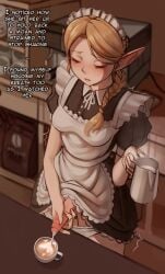 apron blonde_hair blush braid breasts closed_eyes coffee coffee_beans coffee_maker coffee_mug counter cum cum_in_container cum_in_cup cup cute cute_face elf elf_futa futanari futanari_masturbation highres liliacineris maid maid_apron maid_headdress masturbation milk mug original panties panty_pull pointy_ears shelf single_braid small_breasts testicles underwear
