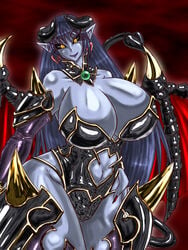 1girls armor astaroth_(shinrabanshou) big_breasts big_thighs blue_skin breasts covered_breasts demon demon_girl demon_horns demon_tail demon_wings demoness female female_only horns hourglass_figure huge_breasts hyper hyper_breasts long_hair looking_at_viewer pointy_ears smiling_at_viewer solo spade_tail spikes tao_2carat thick_thighs yellow_eyes