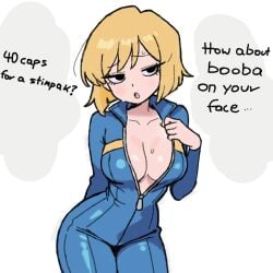 1girls 2025 2d 2d_(artwork) big_breasts black_eyes blonde_hair blue_bodysuit blush breasts cleavage dialogue english_text fallout female female_only human human_only kellylos2 looking_at_viewer no_bra prostitution questionable realistic_breast_size seductive short_hair solo solo_female speech_bubble sweat talking_to_viewer text unzipped unzipped_bodysuit vault_girl vault_suit