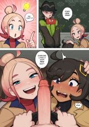 1boy 2girls afrobull big_penis black-haired_female black-haired_male black_hair blonde_hair blue_eyes blush brown_jacket chocolate_and_vanilla comic curvy curvy_female dark-skinned_female dark_skin emma_(pokemon) english_text exposed_penis female female_focus game_freak half-closed_eyes hand_on_another's_head hat imminent_fellatio imminent_oral jacket kyouya_(pokemon) light-skinned_female light-skinned_male light_skin lightbulb male_pov matiere_(pokemon) matiere_(pokemon_legends:_z-a) multiple_girls nervous nervous_expression nintendo open_jacket open_mouth open_mouth_smile paxton_(pokemon) penis penis_awe penis_out pink_hair pink_highlights pokemon pokemon_legends:_z-a pov purple_eyes rotom_phone short-haired_female short_hair strawberry_blonde_hair taunie_(pokemon) townie_(pokemon) two-tone_hair two-tone_jacket