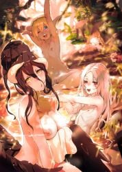 3girls albedo_(overlord) armpits aura_bella_fiora bath bathing bathing_together blonde_hair blue_eyes breasts casual_nudity dark_elf dark_skin digital_art drawn fantasy multiple_females multiple_girls official_art official_artwork_edit overlord_(maruyama) pointy_ears shalltear_bloodfallen small_breasts smile succubus vampire wings young younger_female