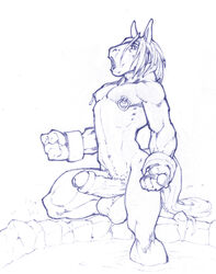 1boy anthro balls ballsack big_balls big_penis body_fur equine erection forge_(artist) horse horse_tail humanoid_penis long_hair_male male male_nipples male_only male_pubic_hair mane monochrome muscles nipple_piercing nipple_rings nude_male penis piercing scrotum solo testicles thewielder veiny_penis