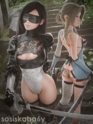 2girls 3d 3d_(artwork) 3d_render abandoned_building absurd_res absurdres accessory aerith_gainsborough apocalypse armpits ass bare_shoulders big_breasts black_bodysuit blender blender3d blender_(software) blender_cycles blonde_hair blush bodysuit boots bow breast_lift breasts breasts_apart breasts_out brown_hair butt_focus cleavage closed_mouth collar collarbone crossover_cosplay curvy curvy_figure cute cute_face dark_hair embarrassed female female_focus female_only final_fantasy final_fantasy_vii final_fantasy_vii_remake fit fit_female flirting from_behind from_behind_position glossy glossy_body glossy_skin gloves glowing_eyes gradient_hair green_eyes handband high_quality high_resolution highres kaine_(nier) kaine_(nier)_(cosplay) katana light-skinned_female light_skin lips long_hair medium_breasts messy_hair morning necklace nier nier:_automata nier_(series) nier_replicant nude nude_female panties parted_lips perfect_body porno shiny_skin shy slim slim_female slim_waist sosiskaba6y sword thick_thighs thighhighs thighs tifa_lockhart uncensored wet wet_body wet_skin white_panties wristband yorha_2b yorha_2b_(cosplay)