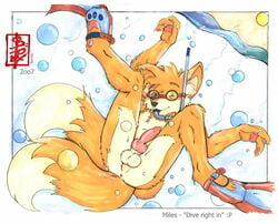 1boy 2007 anthro anus balls bubbles canine canine_penis caption chest_tuft claws erection fennec_(artist) fox fur furry goggles hindpaw kitsune knot legs_up male male_only multiple_tails ocean one_closed_eyes orange pawpads penis sega snorkel snorkeling solo sonic_(series) sonic_the_hedgehog_(series) swimming swimming_fins tail tails underwater water wink