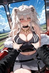 ai_generated big_boobies big_boobs big_breasts big_tits big_titties blush blushing embarrassed embarrassed_expression embarrassed_female fur_jacket grey_hair_female grope grope_breast grope_chest groped groping groping_breasts heavy_breasts hololive hololive_gen_5 hololive_japan kemonomimi large_boobies large_boobs large_breasts large_tits large_titties lion_ears lion_girl lion_tail miyuai shishiro_botan sleeveless_shirt train_interior viewer_pov virtual_youtuber vtuber